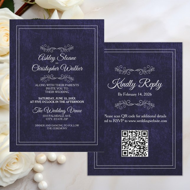 Invitación Elegante código QR Bodas Blanco Negro Polvoriento (Black velvet and white text elegant wedding invitation and rsvp combination with your QR code)