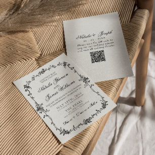 Invitación Elegante Código QR Botánico Blanco Negro Floral de