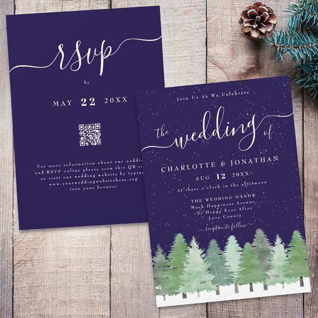 Invitación Elegante código Qr de Boda azul de la Marina de Gu (Winter Woodland forest watercolor navy blue and white wedding qr code invitation elegant script )