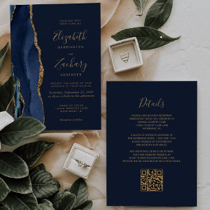 Invitación Elegante Código QR de Boda Azul Marino con Ágata D