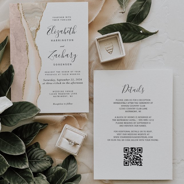Invitación Elegante Código QR de Boda con Ágata Marfil Dorado (Subido por el creador)
