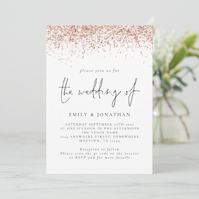 Invitación Elegante Código QR de Boda con Brillo en Oro Rosa (Anverso de pie)