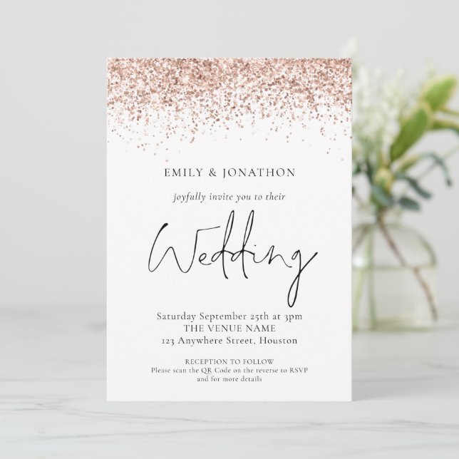 Invitación Elegante Código QR de Boda con Brillo en Oro Rosa (Anverso de pie)
