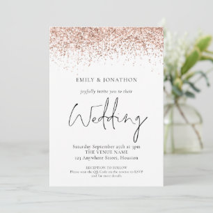 Invitación Elegante Código QR de Boda con Brillo en Oro Rosa