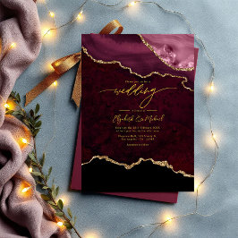 Invitación Elegante código QR de Boda de Agate de Borgoña y O