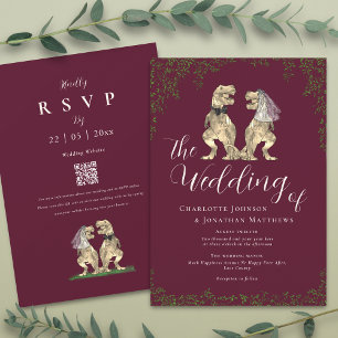 Invitación Elegante Código QR de Boda de Dinosaurio Burgundy