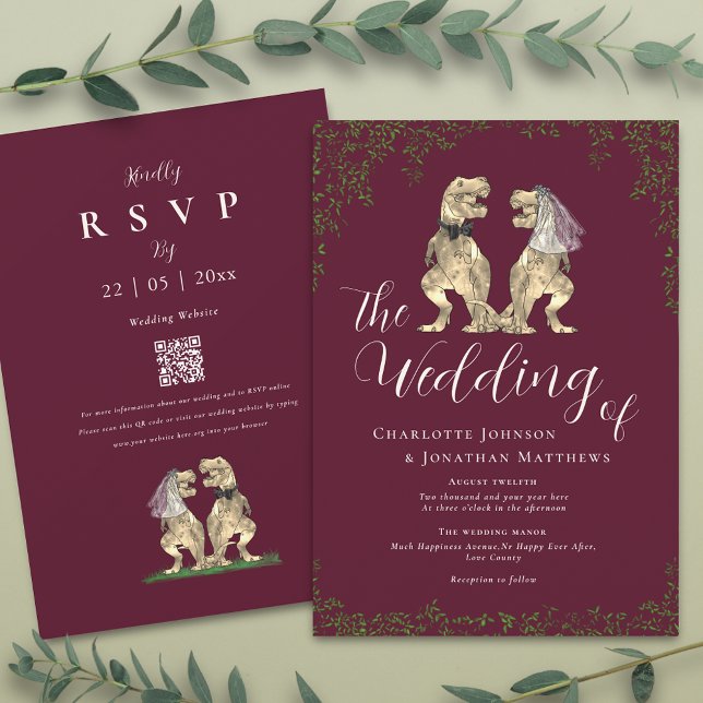 Invitación Elegante Código QR de Boda de Dinosaurio Burgundy  (T-Rex bride and groom funny dinosaur burgundy & ivory cream wedding qr code invitation )