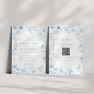 Invitación Elegante código QR de boda de jardín floral azul p