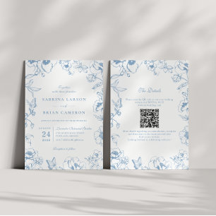 Invitación Elegante código QR de boda de jardín floral azul p