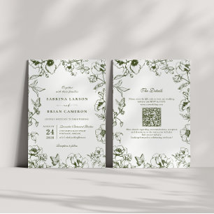 Invitación Elegante código QR de boda de jardín floral verde 