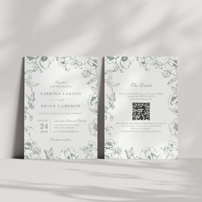 Invitación Elegante código QR de boda de jardín floral verde  (Subido por el creador)