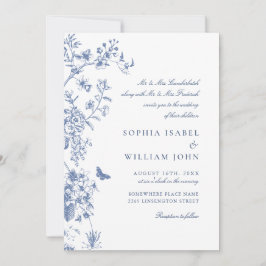 Invitación Elegante código QR de Boda de jardín francés azul