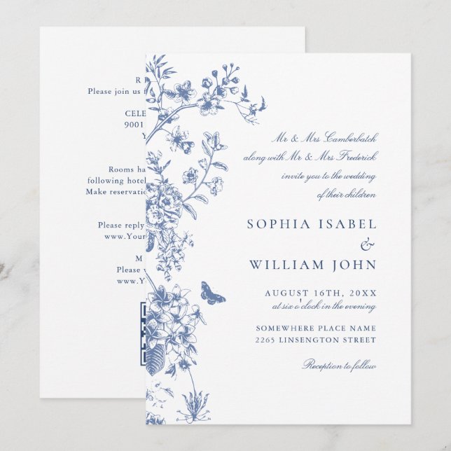 Invitación Elegante código QR de Boda de jardín francés azul (Anverso / Reverso)