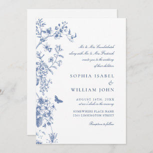 Invitación Elegante código QR de Boda de jardín francés azul