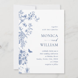 Invitación Elegante código QR de Boda de jardín francés azul