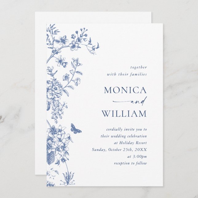 Invitación Elegante código QR de Boda de jardín francés azul (Anverso / Reverso)