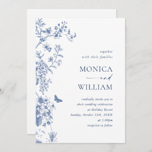 Invitación Elegante código QR de Boda de jardín francés azul