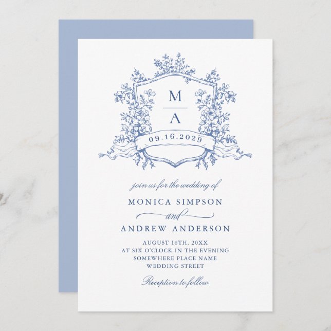 Invitación Elegante código QR de Boda de jardín francés azul (Anverso / Reverso)