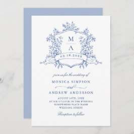 Invitación Elegante código QR de Boda de jardín francés azul
