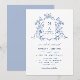 Invitación Elegante código QR de Boda de jardín francés azul