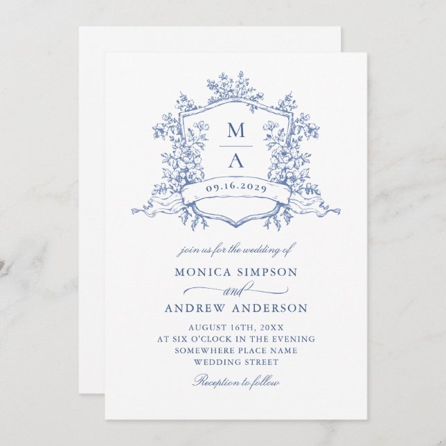Invitación Elegante código QR de Boda de jardín francés azul (Anverso / Reverso)