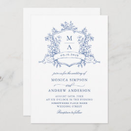 Invitación Elegante código QR de Boda de jardín francés azul