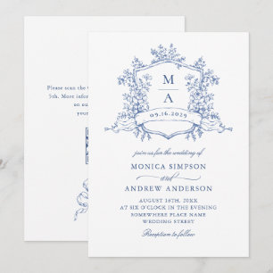 Invitación Elegante código QR de Boda de jardín francés azul
