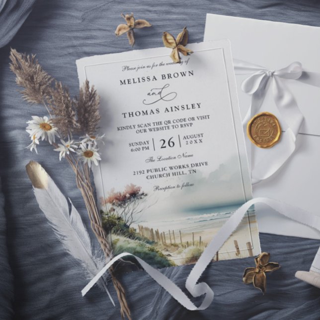 Invitación Elegante código QR de boda de playa de arena coste (Subido por el creador)