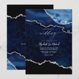 Invitación Elegante código QR de boda en azul marino y plata