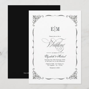 Invitación Elegante Código QR de Boda en Blanco y Negro con M