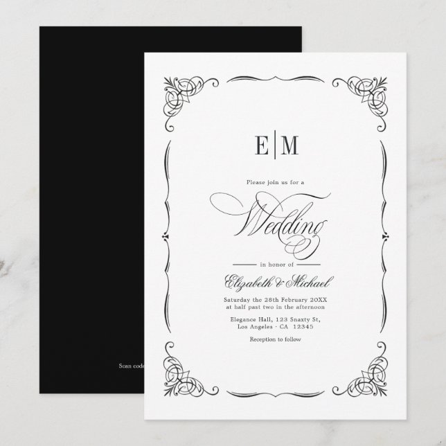 Invitación Elegante Código QR de Boda en Blanco y Negro con M (Anverso / Reverso)