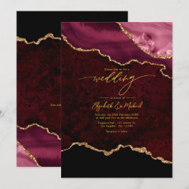 Invitación Elegante código QR de boda en burgundy y oro con á