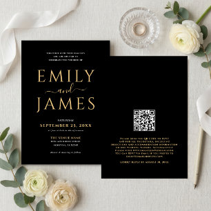 Invitación Elegante Código QR de Boda en Negro con Escritura 