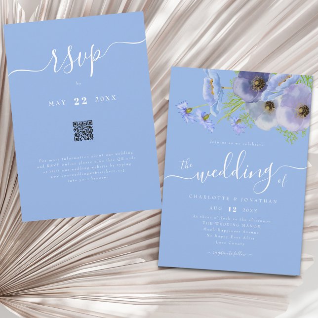 Invitación Elegante Código QR de Boda Floral Azul Boho Chic (Elegant whimsical script watercolor wildflower floral bouquet blue wedding qr code invitation )