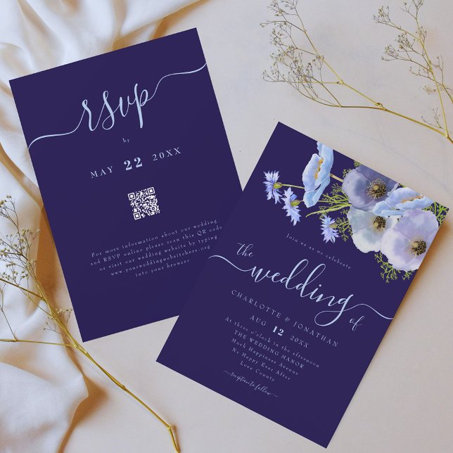Invitación Elegante Código QR de Boda Floral Azul Boho Chic (Boho chic wildflower watercolor floral bouquet blue wedding qr code invitation )