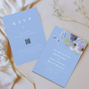 Invitación Elegante código QR de boda floral azul con acuarel