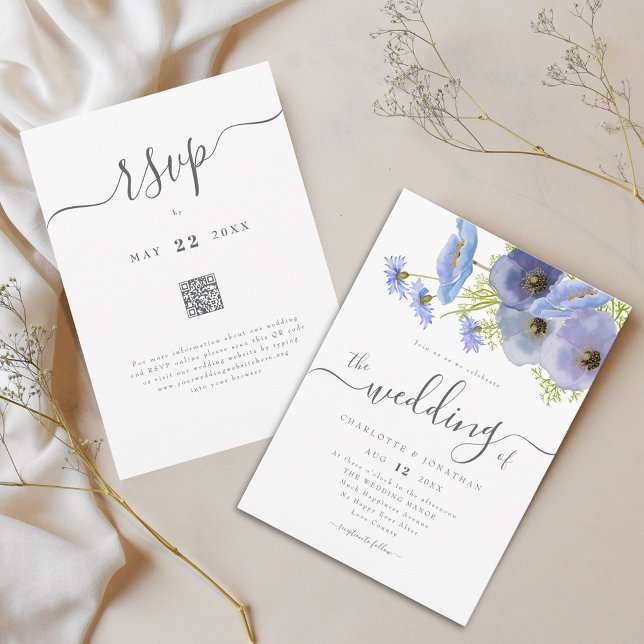 Invitación Elegante Código QR de Boda Floral Boho Azul (Elegant boho wildflower bouquet watercolor blue floral garden wedding qr code invitation)