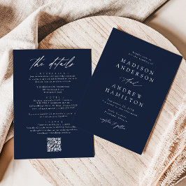 Invitación Elegante Código QR de Boda Todo en Uno de Color Az