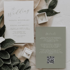 Invitación Elegante código QR de caligrafía en verde salvia p