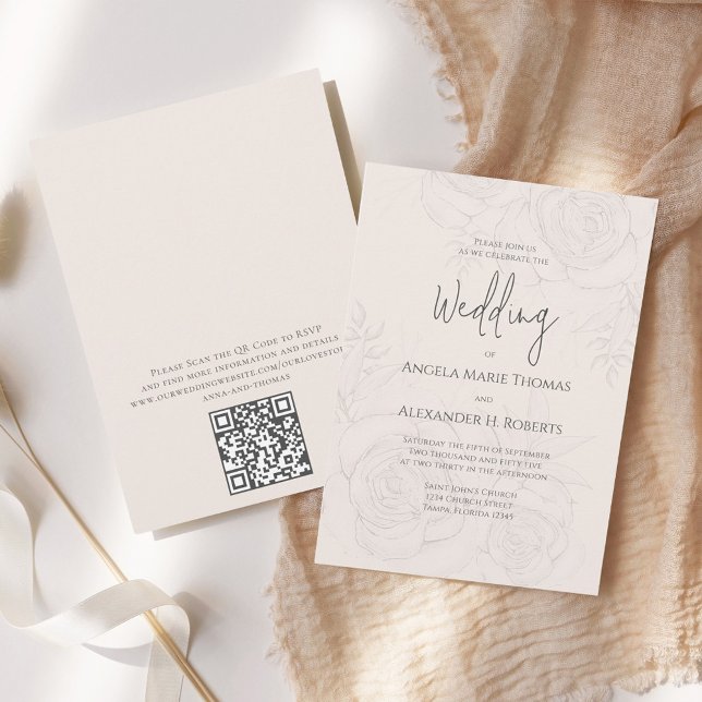 Invitación Elegante código QR de caligrafía floral de Rubor (Elegant blush floral wedding invitation with elegant calligraphy script. with QR Code. )