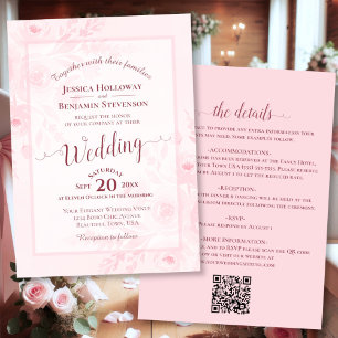 Invitación Elegante código QR de caligrafía rosa peonías boda