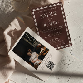 Invitación Elegante código QR de crema negra antigua foto de 