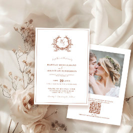 Invitación Elegante código QR de cresta monograma de terracot