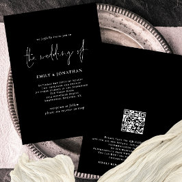 Invitación Elegante código QR de escritura blanca Boda negro