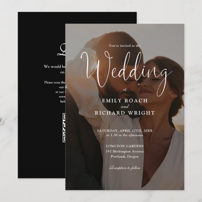 Invitación Elegante código QR de escritura moderna Foto Boda (Anverso / Reverso)