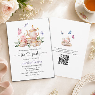 Invitación Elegante código QR de fiesta de té para baby showe
