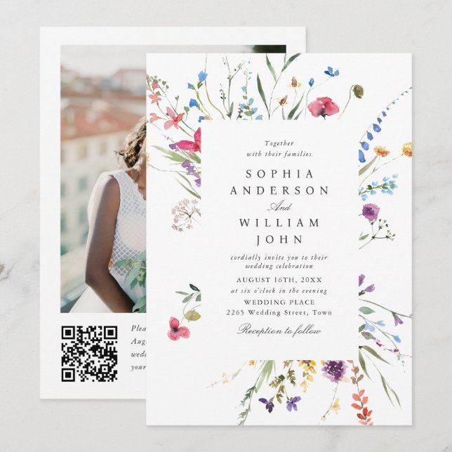 Invitación Elegante código QR de flores silvestres acuarela p (Anverso / Reverso)