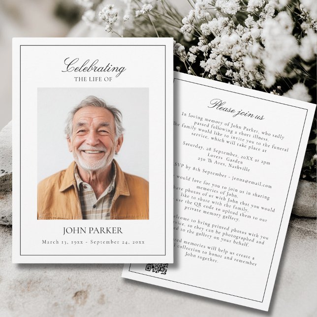 Invitación Elegante Código QR de Foto para Funeral de Celebra (Elegant Celebration of Life Funeral Photo QR Code Invitation)