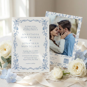 Invitación Elegante código QR de foto vintage azul francés pa