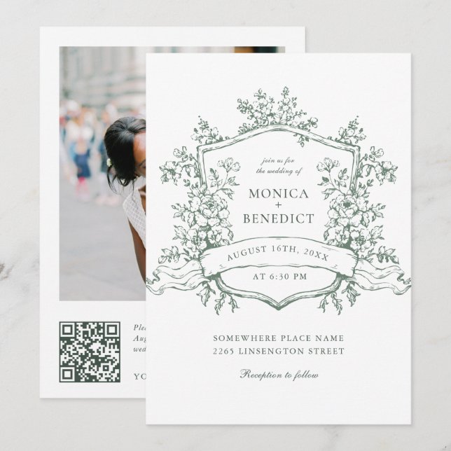 Invitación Elegante código QR de la Boda del Jardín Francés S (Anverso / Reverso)